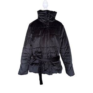 Sofia averages Black Velvety Puffer Jacket With Belted Waist & Button Cuffs Wome